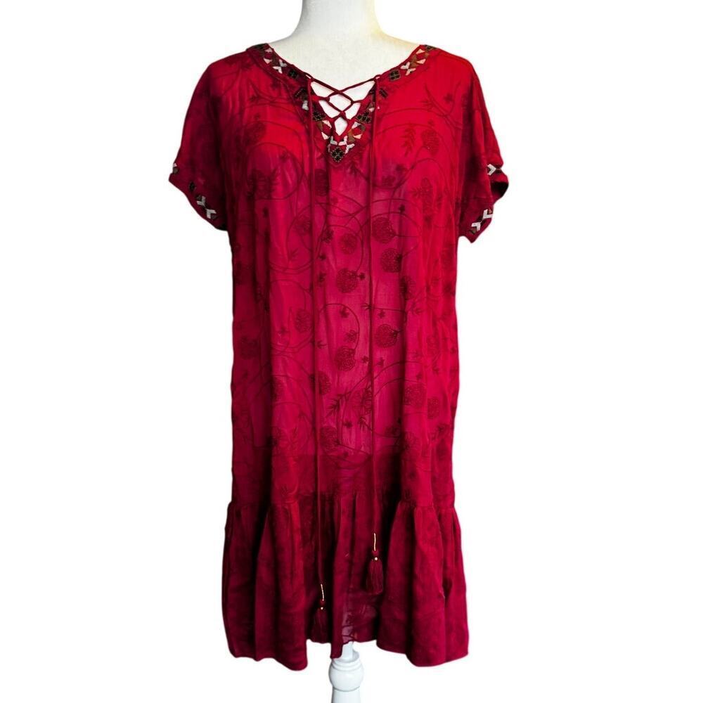 Johnny Was Jade Jaw Lace Up Mini Dress Berry Embroidered Boho Tunic M Boho
